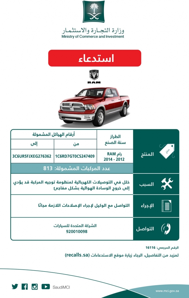 تفاصيل الاستدعاء الشامل لجميع سيارات رام من 2012 و حتى 2014